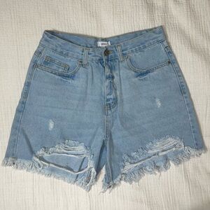 Forever 21 Blue High-Waisted Jean Shorts with Distressed Hem